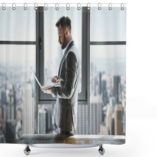 Personality  Businessman Using Laptop  Shower Curtains