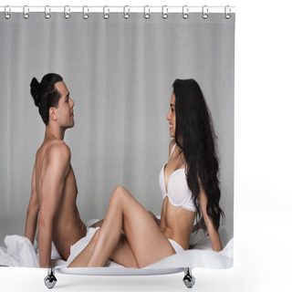 Personality  Smiling Sexy Couple In Underwear Sitting On Bed Face To Face Shower Curtains
