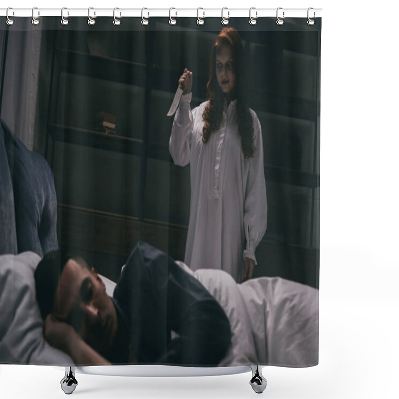 Personality  Demoniacal Creepy Girl With Knife Standing Over Sleeping Man In Bedroom  Shower Curtains