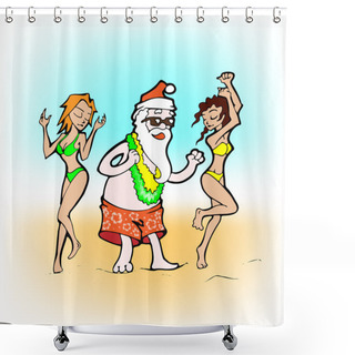 Personality  Cartoon Santa With Girls On Beach. Shower Curtains