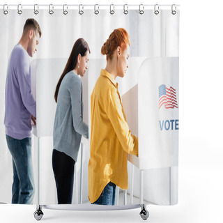 Personality  Electors In Polling Booths With American Flag And Vote Lettering On Blurred Background Shower Curtains