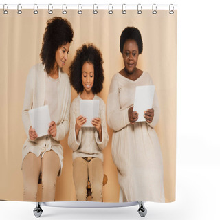 Personality  African American Daughter, Granddaughter And Grandmother Sitting And Looking At Tablets On Beige Background Shower Curtains