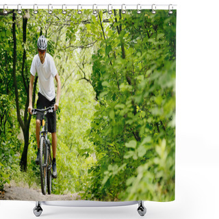 Personality  Cyclist Riding The Bike On The Trail In The Forest Shower Curtains