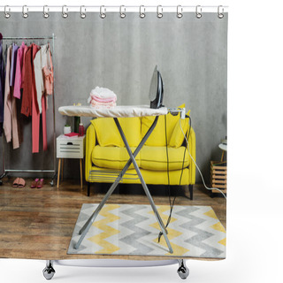 Personality  Housekeeping Concept, Stack Of Folded And Clean Clothes Near Iron On Ironing Board, Modern Living Room, Domestic Life, Laundry Day, Yellow Sofa, Domestic Chores  Shower Curtains