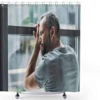 Personality  Upset Bearded Man Leaning At Window And Looking Through It   Shower Curtains