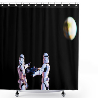 Personality  Selective Focus Of White Imperial Stormtroopers With Weapon And Planet Earth Isolated On Black Shower Curtains