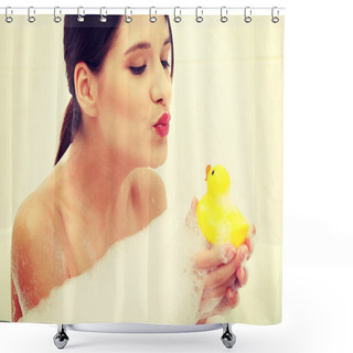 Personality  Woman Taking A Bath With Yellow Duck. Shower Curtains