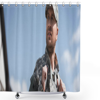 Personality  Serious Military Serviceman With Backpack Looking Away With Blurred Sky On Background, Banner Shower Curtains