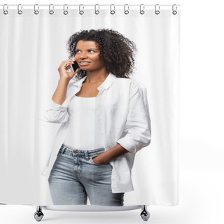 Personality  African American Woman Talking On Cellphone And Looking Away Isolated On White  Shower Curtains