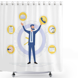 Personality  Businessman Is Standing On A Background Of Office Icons. Multitasking And Time Management Concept. Effective Management Shower Curtains