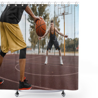 Personality  Two Basketball Players Work Out Tactics On Outdoor Court. Male Athletes In Sportswear Play The Game On Streetball Training Shower Curtains
