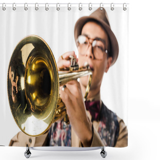Personality  Selective Focus Of Mixed Race Male Musician In Stylish Hat And Eyeglasses Playing On Trumpet Isolated On White  Shower Curtains