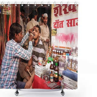 Personality  Varanasi, India - March, 16th, 2016. Street Dentist And His Patient On The Streets Of Varanasi Shower Curtains