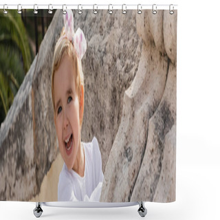Personality  Happy Toddler Girl Looking At Camera Near Stone Puente Del Mar Bridge In Valencia, Banner  Shower Curtains