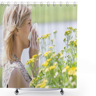 Personality  Woman Blowing Nose Into Tissue In Front Of Flowers Shower Curtains
