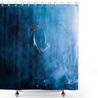 Personality  Cropped View Of Witch Holding Crystal Ball On Dark Blue Background Shower Curtains
