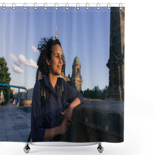 Personality  BERLIN, GERMANY - JULY 14, 2020: Cheerful Young Woman Near Blurred Berlin Cathedral Shower Curtains