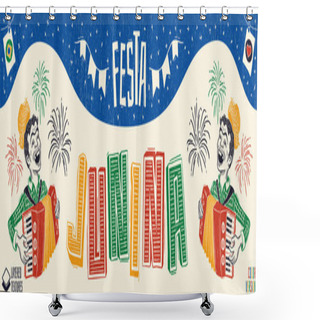 Personality  June Party Woodcut Style Banner With Peasants Playing The Accordion. Detailed Vector For June Party Themes. Removable Wood Texture. Made In Brazil With Love. Shower Curtains