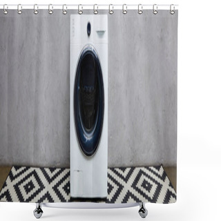 Personality  Panoramic Shot Of Modern Washing Machine Near Grey Wall And Ornamental Carpet In Bathroom  Shower Curtains