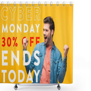 Personality  Happy Handsome Man Showing Yes Gesture Isolated On Yellow With Cyber Monday Illustration, Shopping Concept Shower Curtains