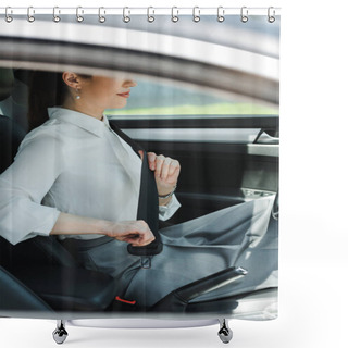 Personality  Cropped View Of Businesswoman Holding Seat Belt While Sitting In Auto  Shower Curtains