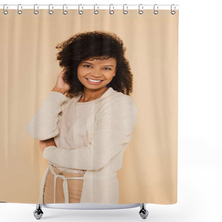 Personality  Attractive African American Woman Adjusting Hair Isolated On Beige Shower Curtains