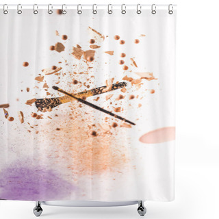Personality  Crushed Cosmetic Powder With Makeup Brushes Falling Isolated On White Shower Curtains