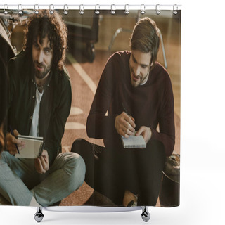 Personality  Young Music Band Colleagues Writing Lyrics Together While Sitting On Floor Shower Curtains