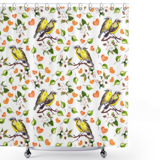 Personality  Seamless Valentine Day Design - Bird Couple With Flowers And Hearts Shower Curtains
