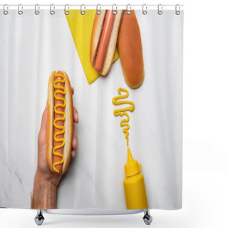 Personality  Cropped Shot Of Man Holding Hot Dog With Mustard On White Marble Surface Shower Curtains