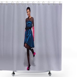 Personality  Full Length Of Positive African American Woman In Pink Gloves, Cocktail Dress And Feathered Shoes Posing And Standing On Grey Background, Modern Generation Z Fashion Concept Shower Curtains