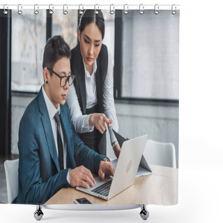 Personality  Young Kazakh Business People Using Laptop Together In Office Shower Curtains