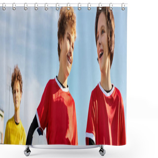 Personality  Two Young Men Stand Side By Side, Exuding A Sense Of Camaraderie And Friendship. Their Body Language Conveys Confidence And Solidarity As They Stand Together. Shower Curtains