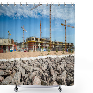 Personality  Construction Of A Residential Complex By The Sea. The Progress Of Construction Of The Residential Complex Morskaya Embankment. Houses In The Sand By The Water. Russia, St. Petersburg, June 9, 2020 Shower Curtains