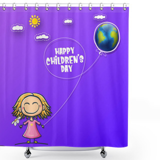 Personality  1 June International Childrens Day Background With Little Funny Girl Holding In Hands Baloon And Fly In Sky. Vector Happy International Childrens Day Poster Concept With Funny Cartoon Smiling Child Shower Curtains