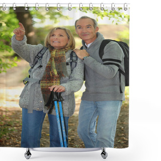 Personality  Couple Hiking In The Woods Shower Curtains