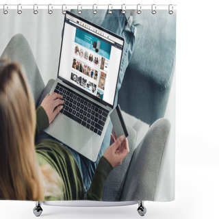 Personality  Cropped View Of Woman Holding Credit Card And Using Laptop With Amazon Website On Screen  Shower Curtains