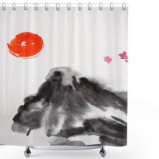 Personality  Japanese Painting With Sun, Flowers And Hill On White Background Shower Curtains