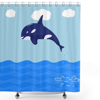 Personality  Vector Funny Cartoon Whale Jumps Out Of The Water Shower Curtains