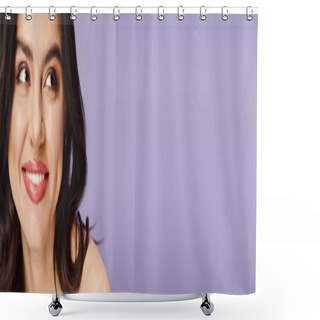 Personality  Close-up Of A Person With Makeup Against A Vibrant Purple Backdrop. Shower Curtains