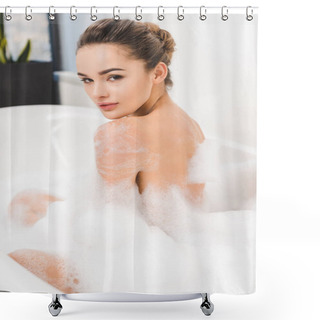 Personality  Side View Of Beautiful Young Woman Taking Bath At Home Shower Curtains