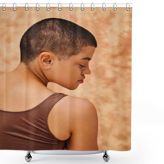 Personality  Natural Look, Self-acceptance, Young Woman With Short Hair Posing On Mottled Beige Background, Individuality, Modern Generation Z, Beauty And Confidence, Body Positivity, Self Love Shower Curtains