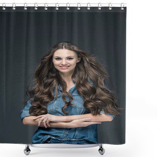 Personality  Beautiful Cheerful Girl With Long Hair Posing In Denim Shirt, Isolated On Grey Shower Curtains