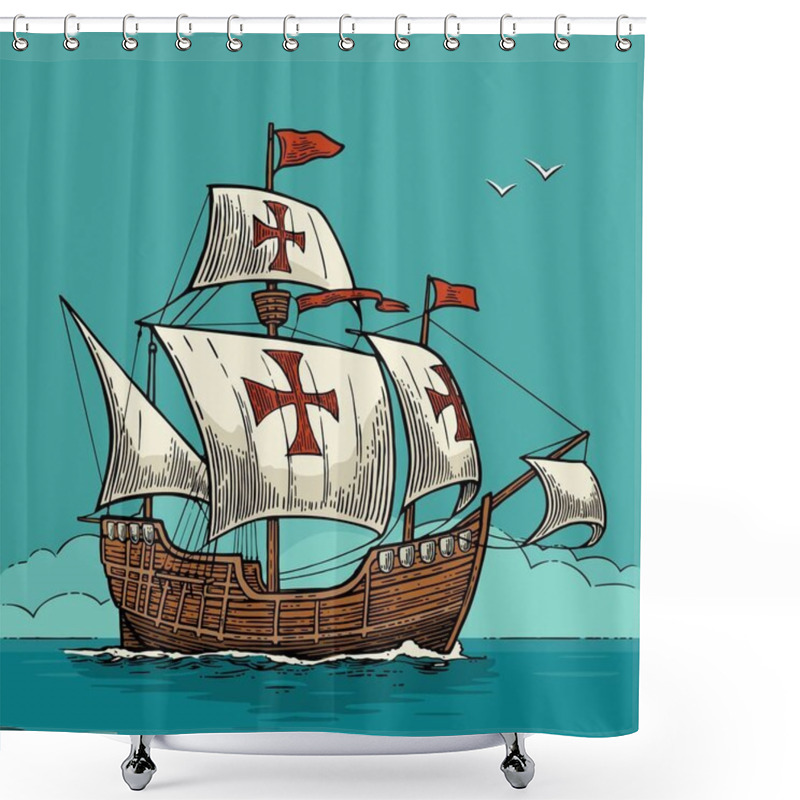 Personality  Sailing ship floating on the sea waves. Caravel Santa Maria. shower curtains