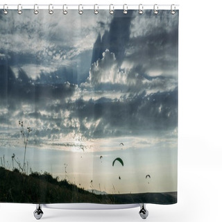 Personality  Parachutists Gliding In Blue Sky Over Scenic Landscape Of Crimea, Ukraine, May 2013 Shower Curtains