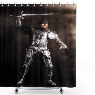 Personality  Handsome Knight In Armor Holding Sword And Fighting On Black Background Shower Curtains