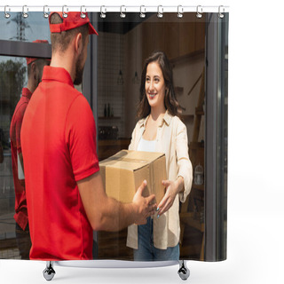 Personality  Delivery Man Giving Cardboard Box To Happy Woman  Shower Curtains