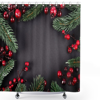 Personality  Top View Of Red Artificial Berries And Pine Branches On Black Background, New Year Concept Shower Curtains