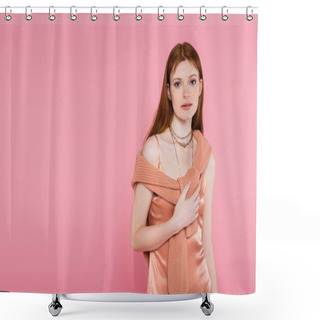 Personality  Red Haired Woman In Peach Silk Dress And Sweater Looking At Camera Isolated On Pink  Shower Curtains