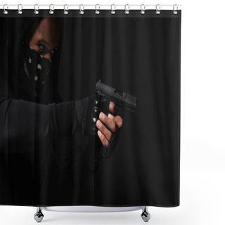 Personality  African American Bandit With Obscure Face Holding Handgun Isolated On Black  Shower Curtains